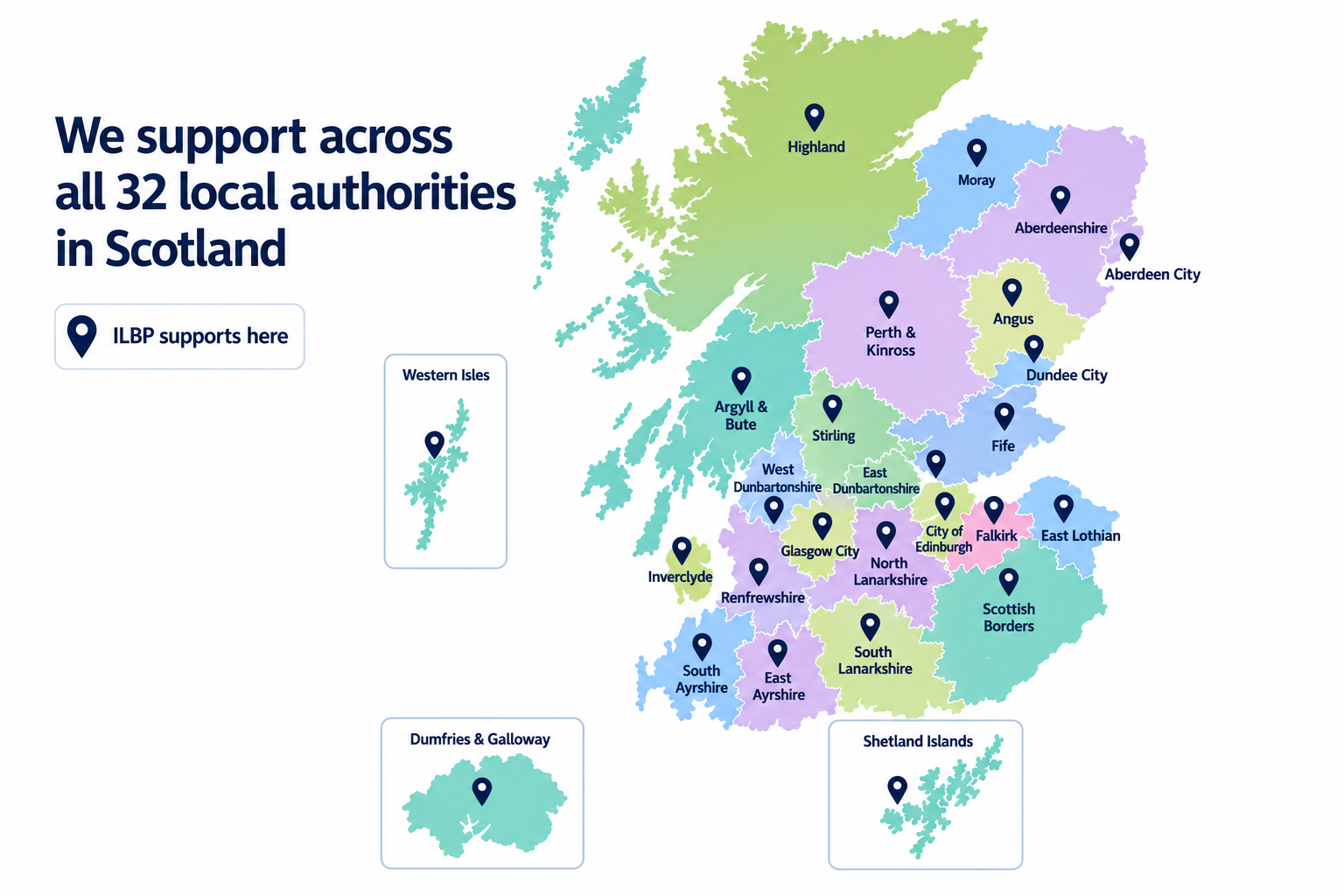 Scotland coverage map showing local authority areas and ILBP support markers